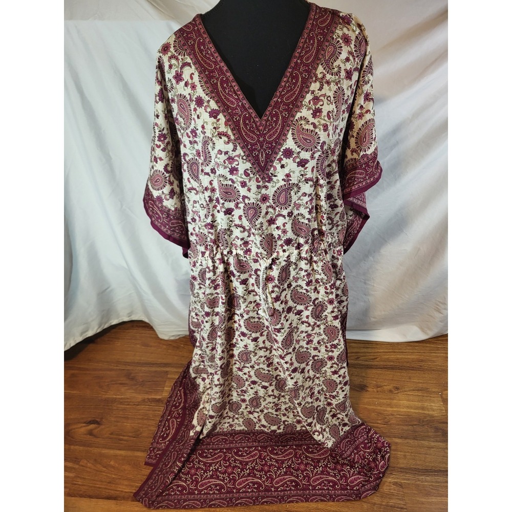 Lustre Kaftan Maxi Dress Pink  Burgandy Paisley‎ Medallion Boho India Size 52